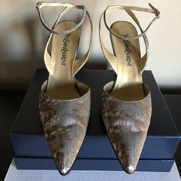 Yves Saint Laurent Shoes - YSL Metallic Fabric Slingback w/Ankle-Wrap